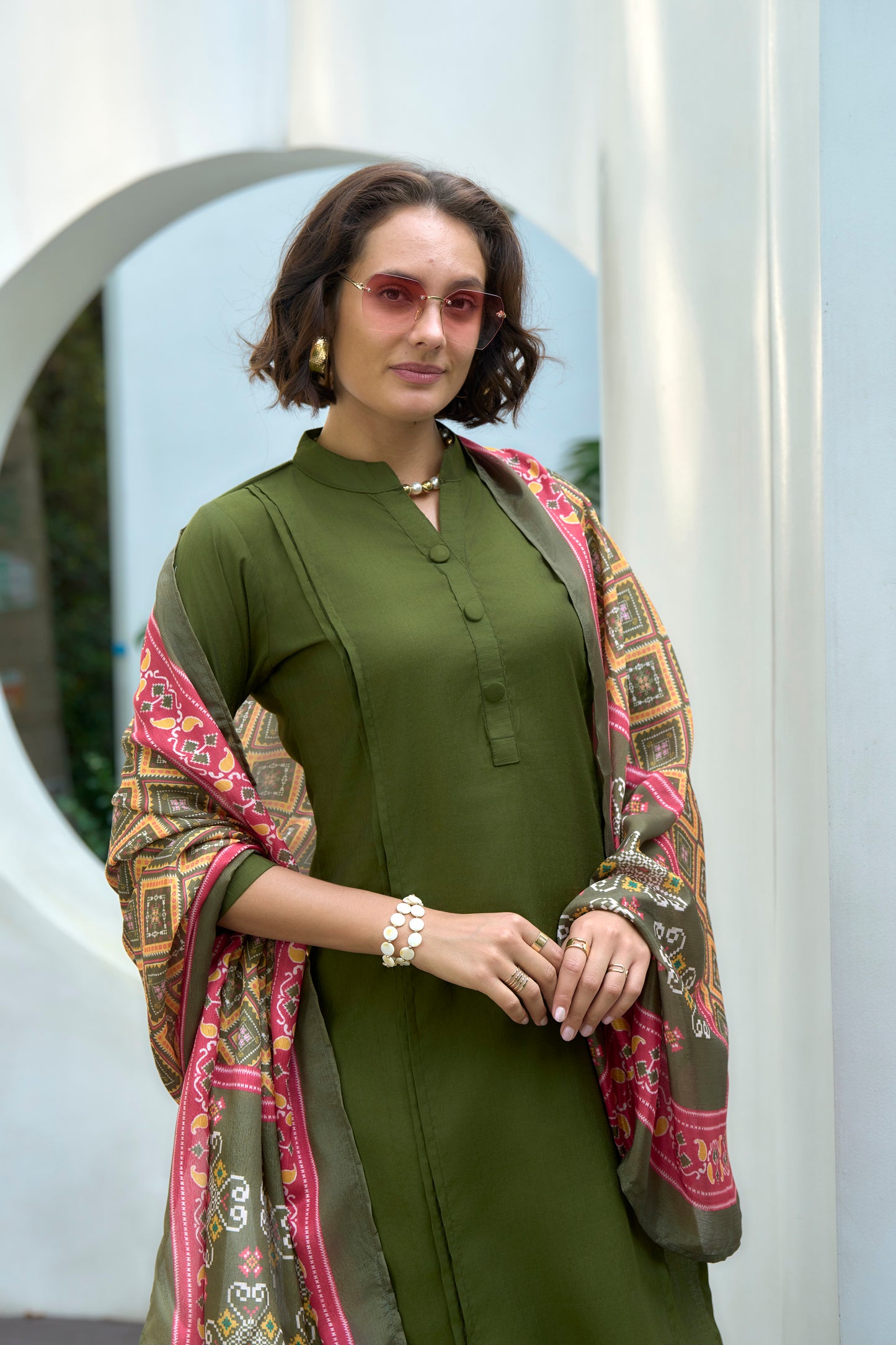 Olive Green Kurta Set with Geometric Printed Dupatta