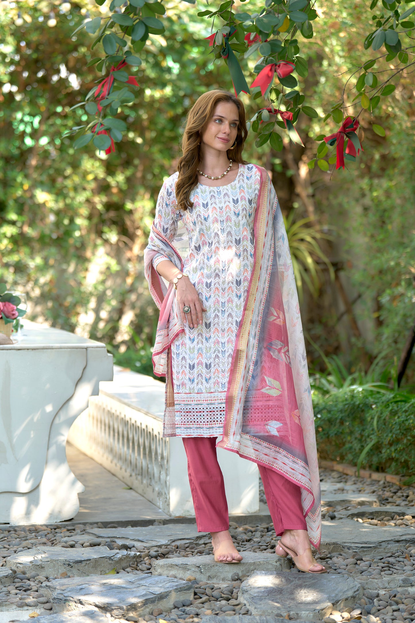 White Printed Cotton Kurta Set