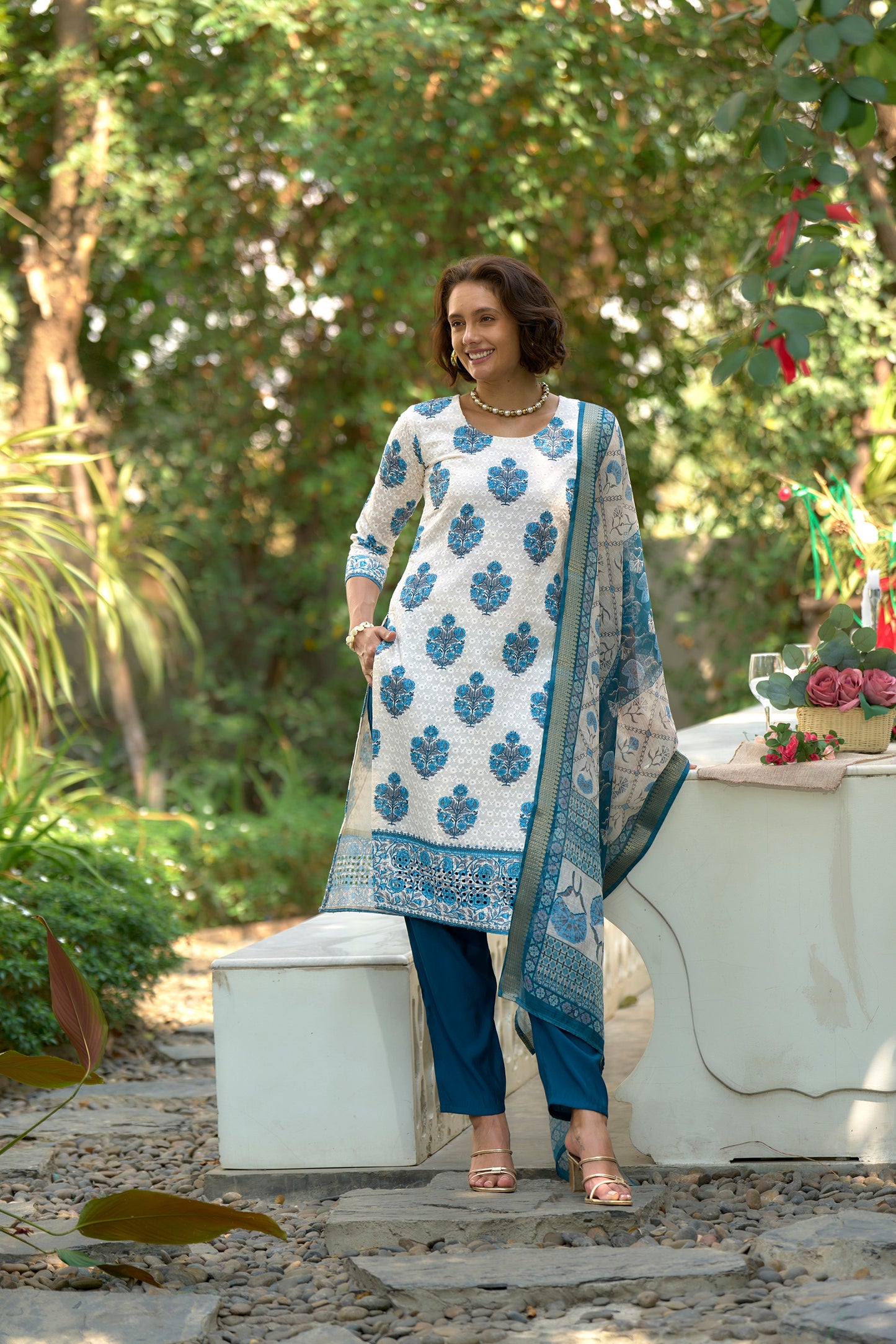 White Printed Cotton Kurta Set