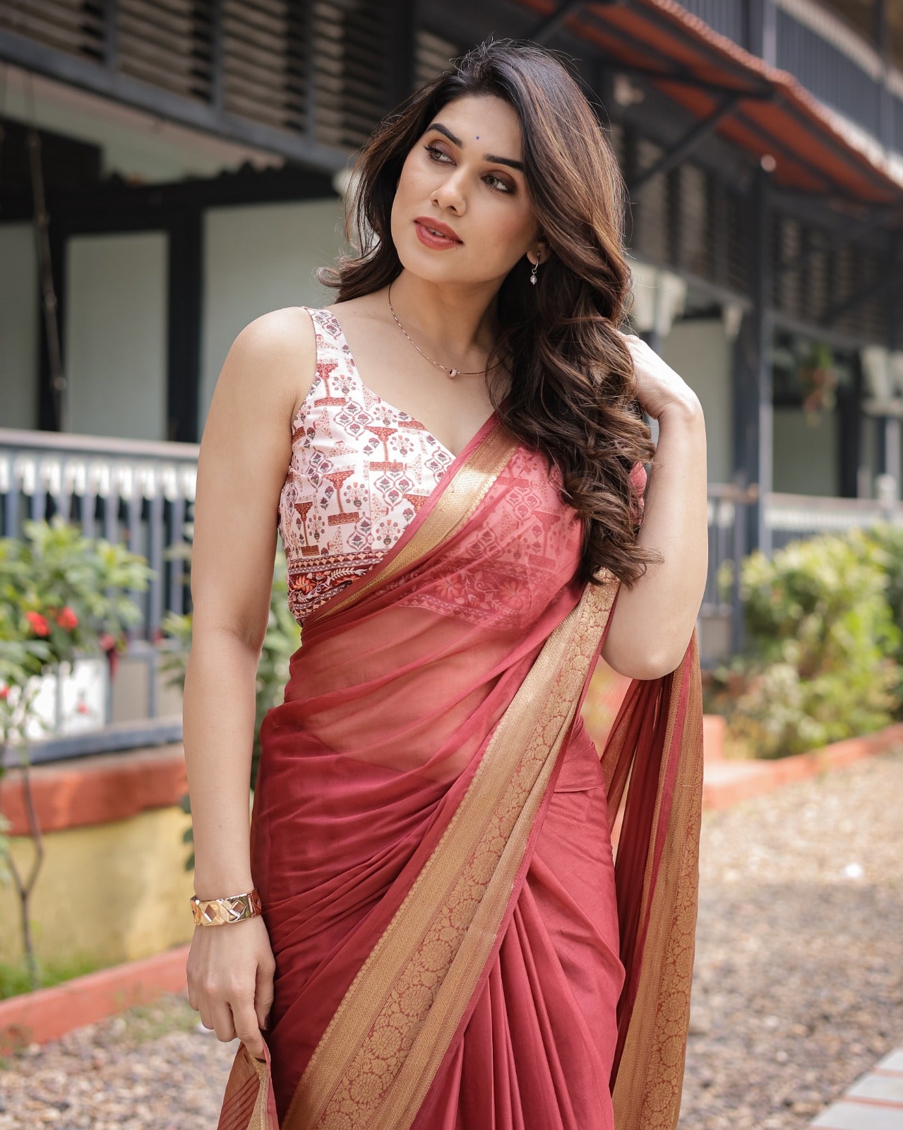 Rust Red Chiffon Saree – Elegant & Earthy Charm