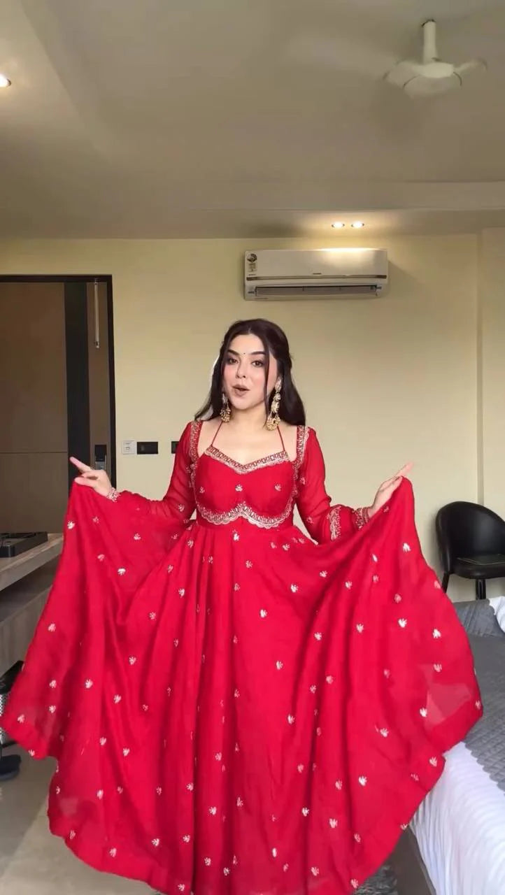 Festive Wear Red Anarkali Suit in Faux Georgette with Embroidered Dupatta & Matching Pant