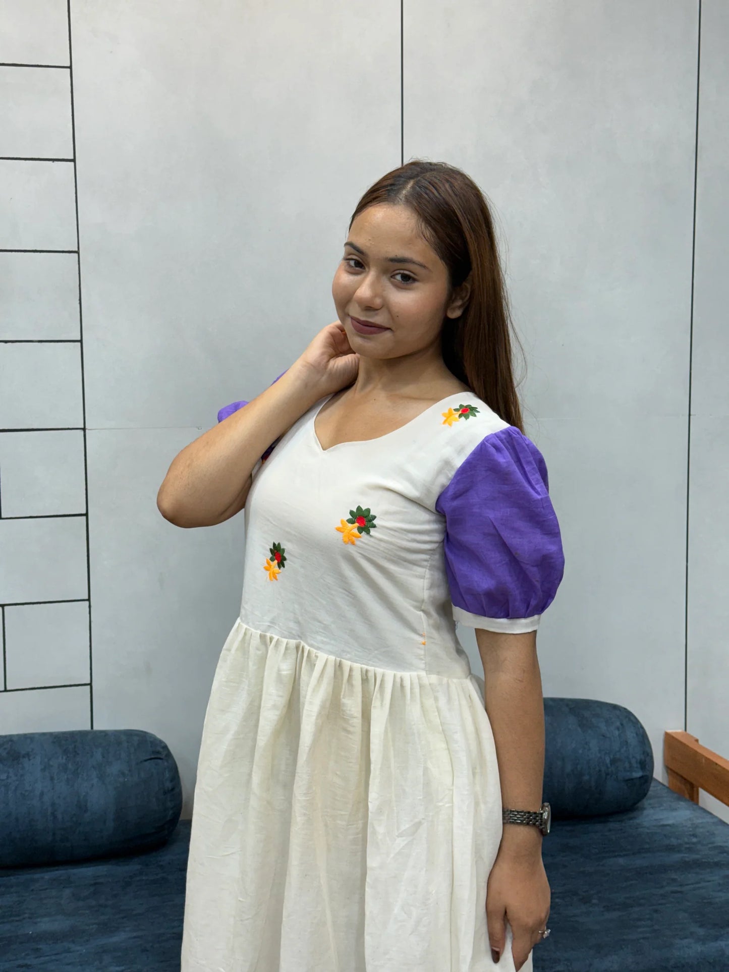 Cream & Lavender mul Cotton Flared Dress with Puff Sleeves and Floral Embroidery
