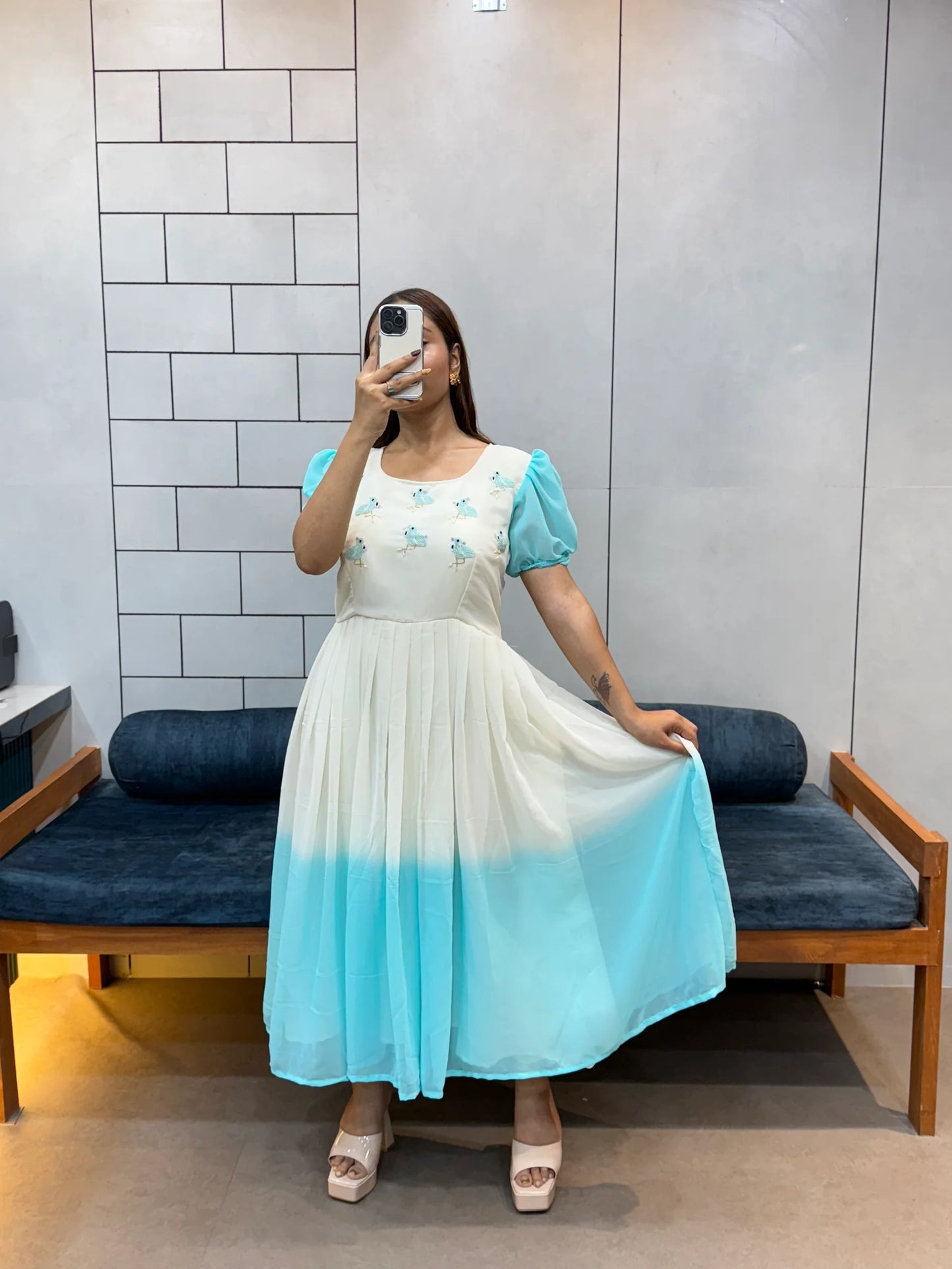 Sky Blue Flowing Georgette Maxi | Beautiful Beads & Kardana Handwork | Day Party Wear