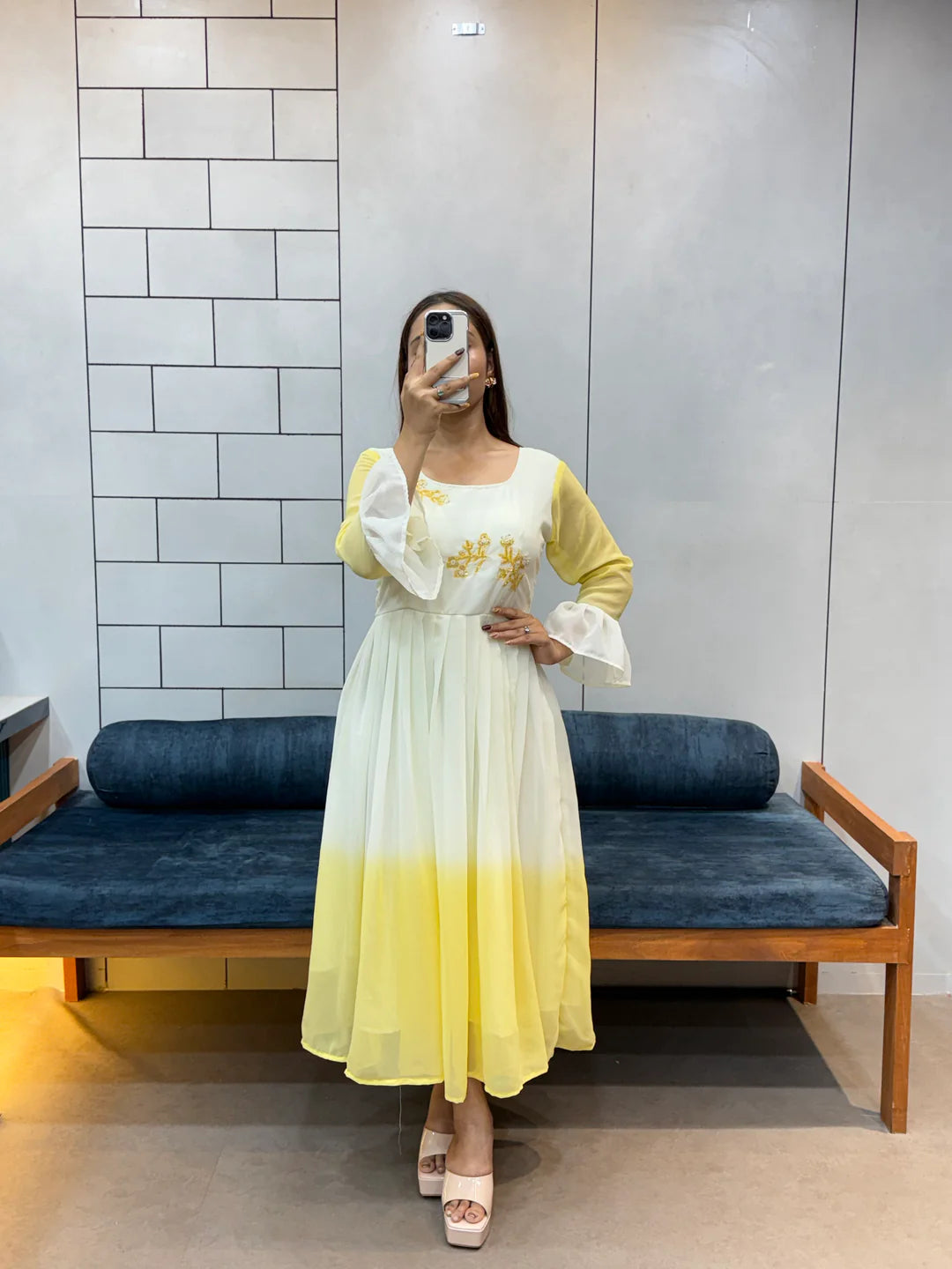 Sunshine Yellow Georgette Maxi Dress | Handcrafted Beads & Kardana | Comfortable Cotton Inner