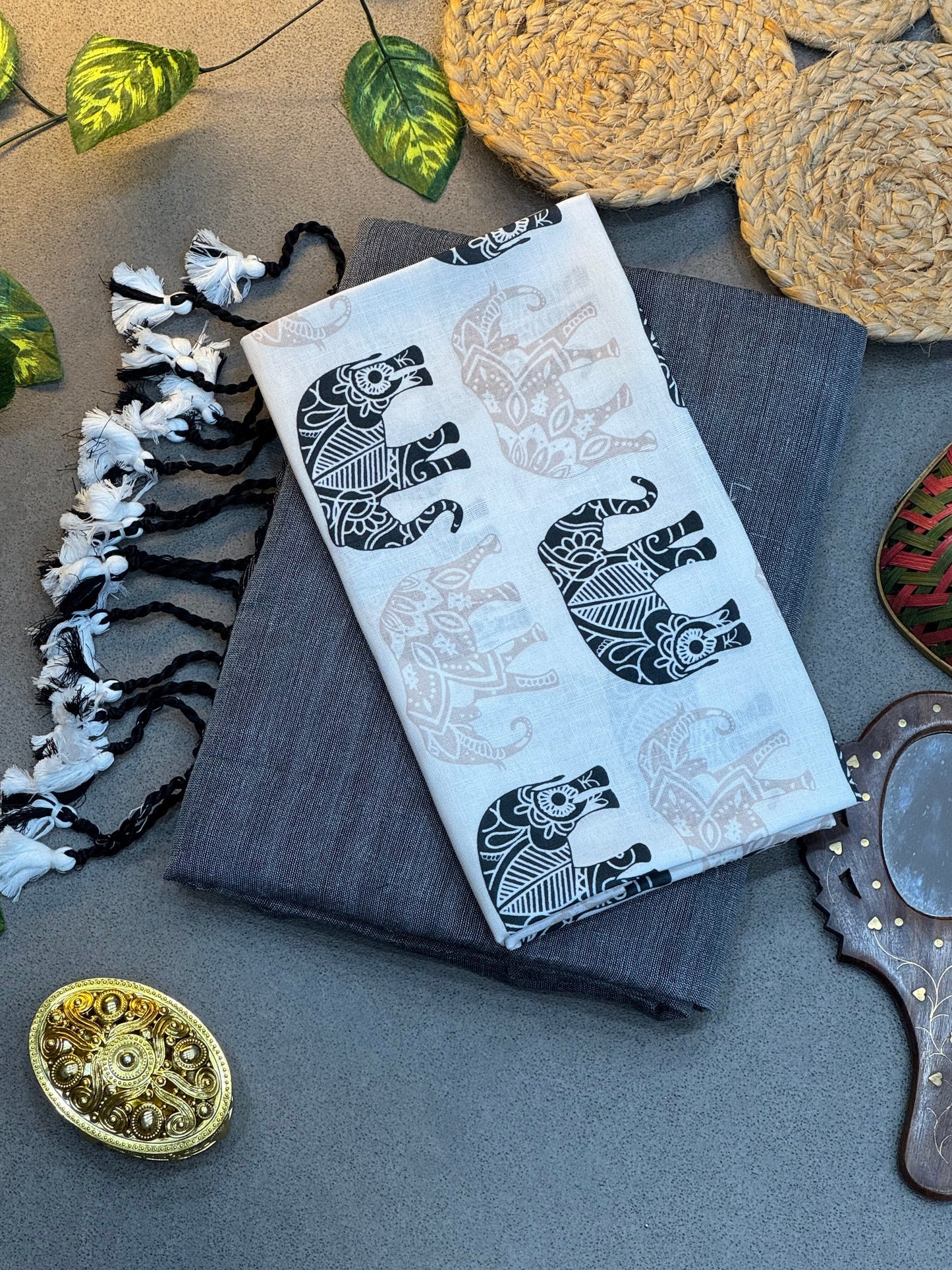 Handwoven Charcoal Grey Khadi Cotton Saree with Black & White Tassels and Elephant Motif Digital Print Blouse