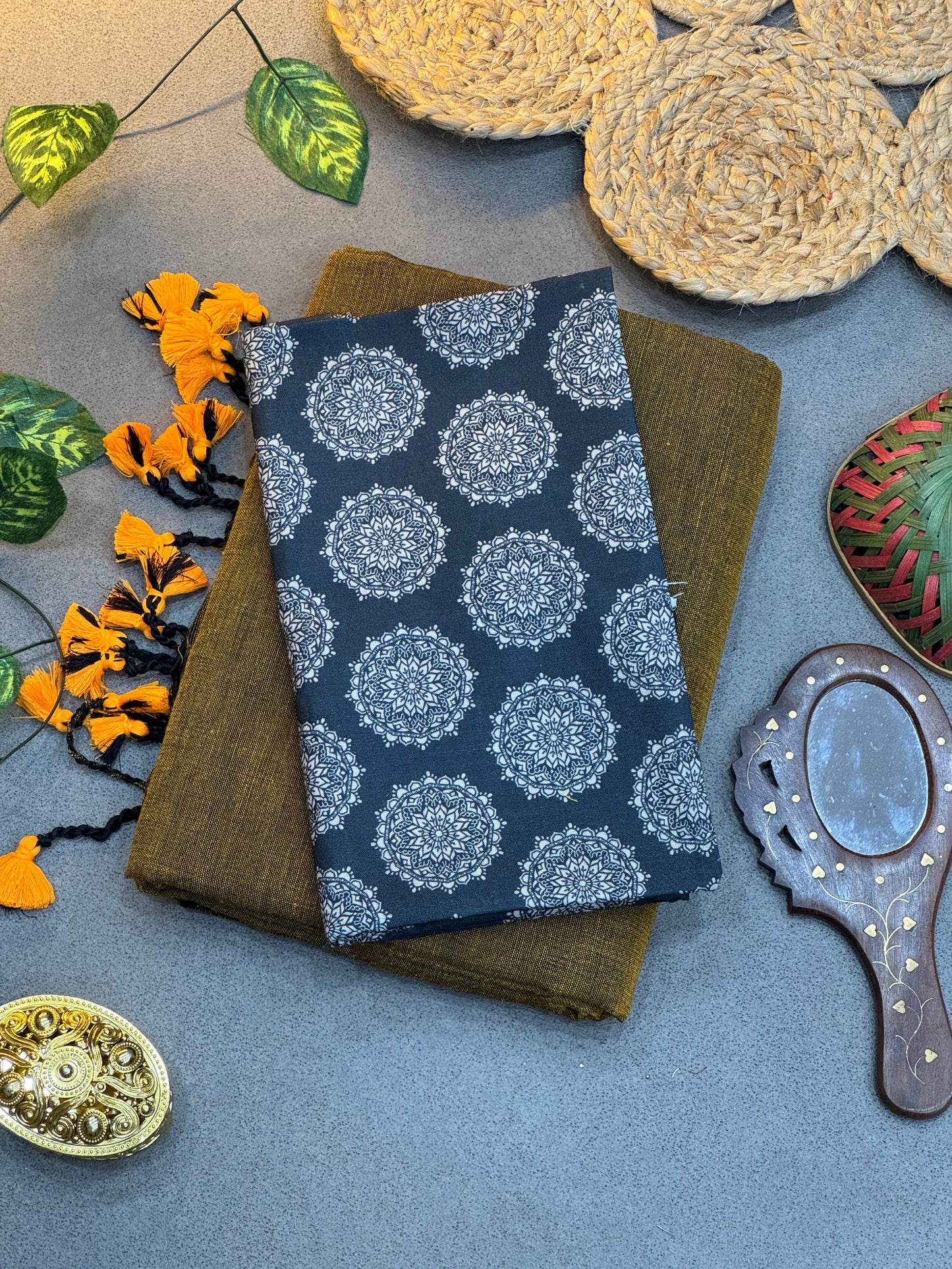 Handwoven Olive Green Khadi Cotton Saree with Navy Blue Mandala Digital Print Blouse