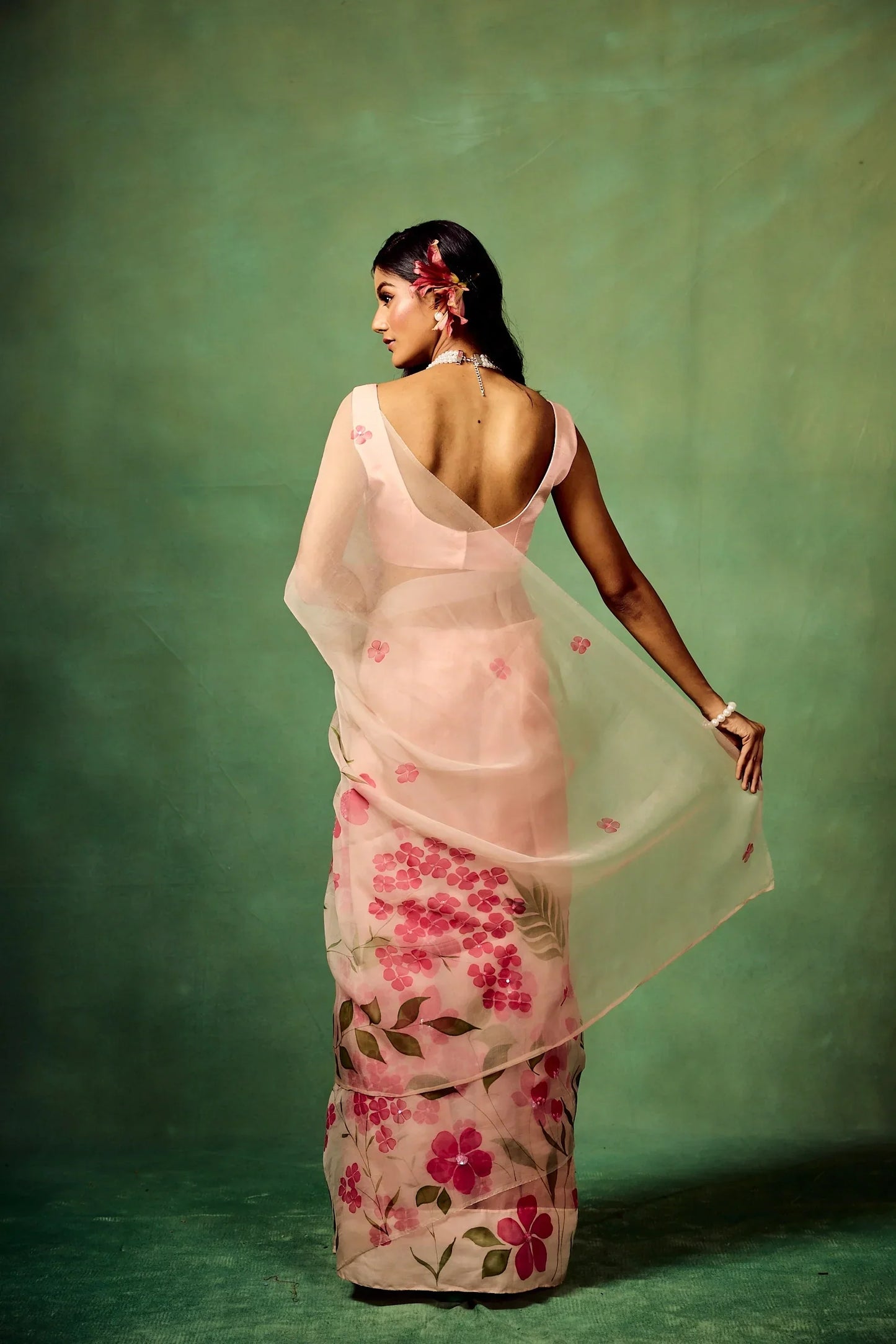 Blush Pink Pure Organza Saree with Hand-Painted White Floral Motifs and Sequin Detailing