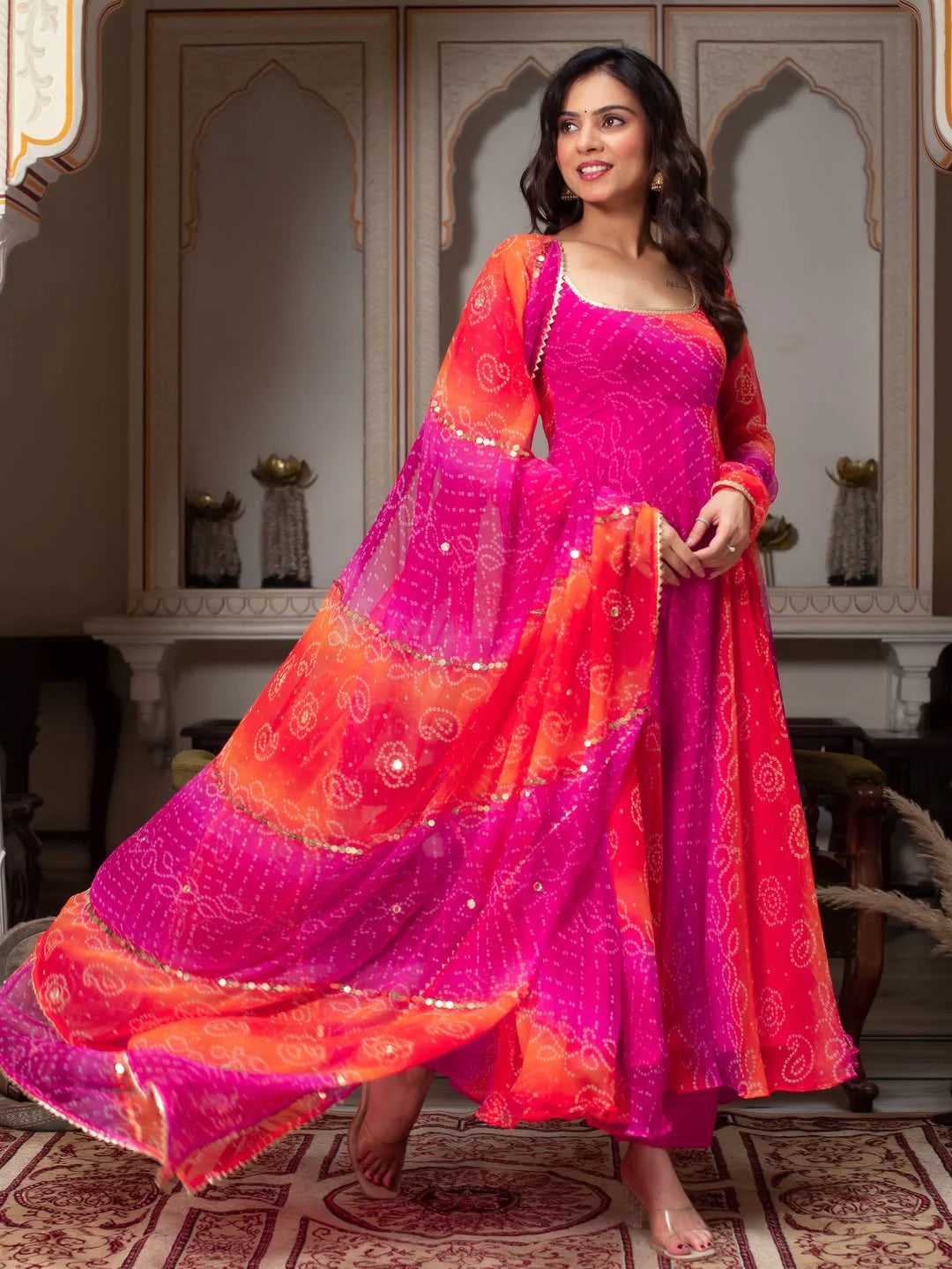 Bandhani Print Fancy Anarkali Suit Set – Pink & Orange | Festive Ethnic Wear for Women
