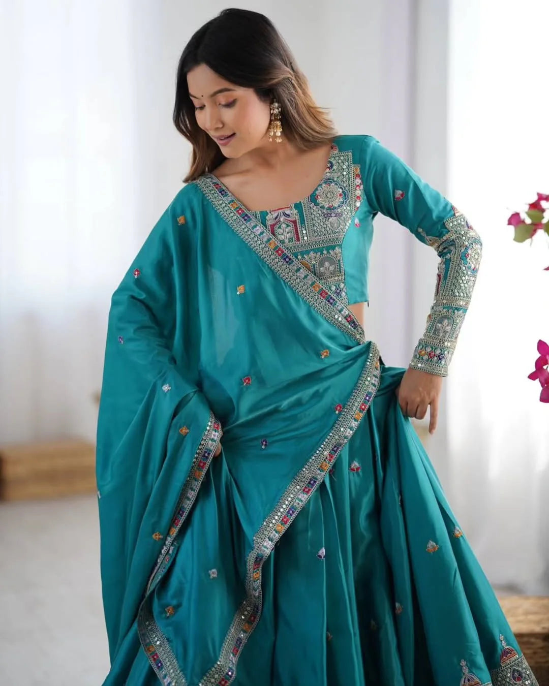 Peacock Blue Chaniya Choli for Women – Heavy Mirror Work Gujarati Lehenga with Embroidered Blouse & Dupatta | Wedding & Navratri Traditional Outfit