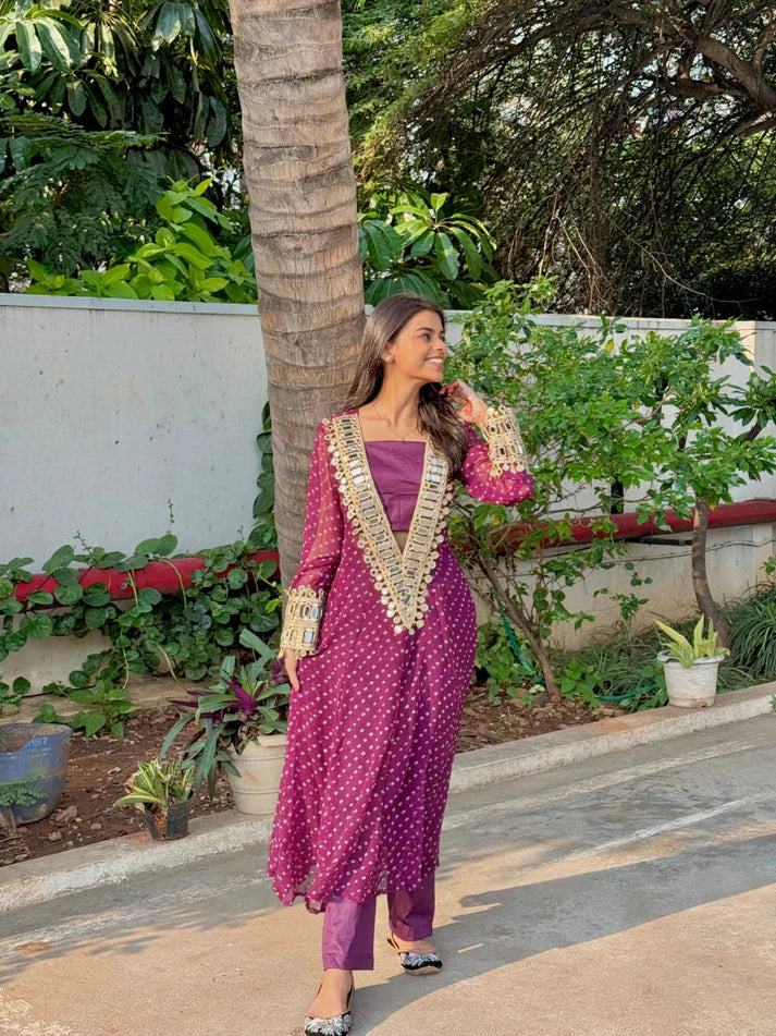 Designer Mirror Work Anarkali Suit Set for Women – Georgette Fabric | Available in Mehendi Green, Royal Blue, Black & Wine Purple