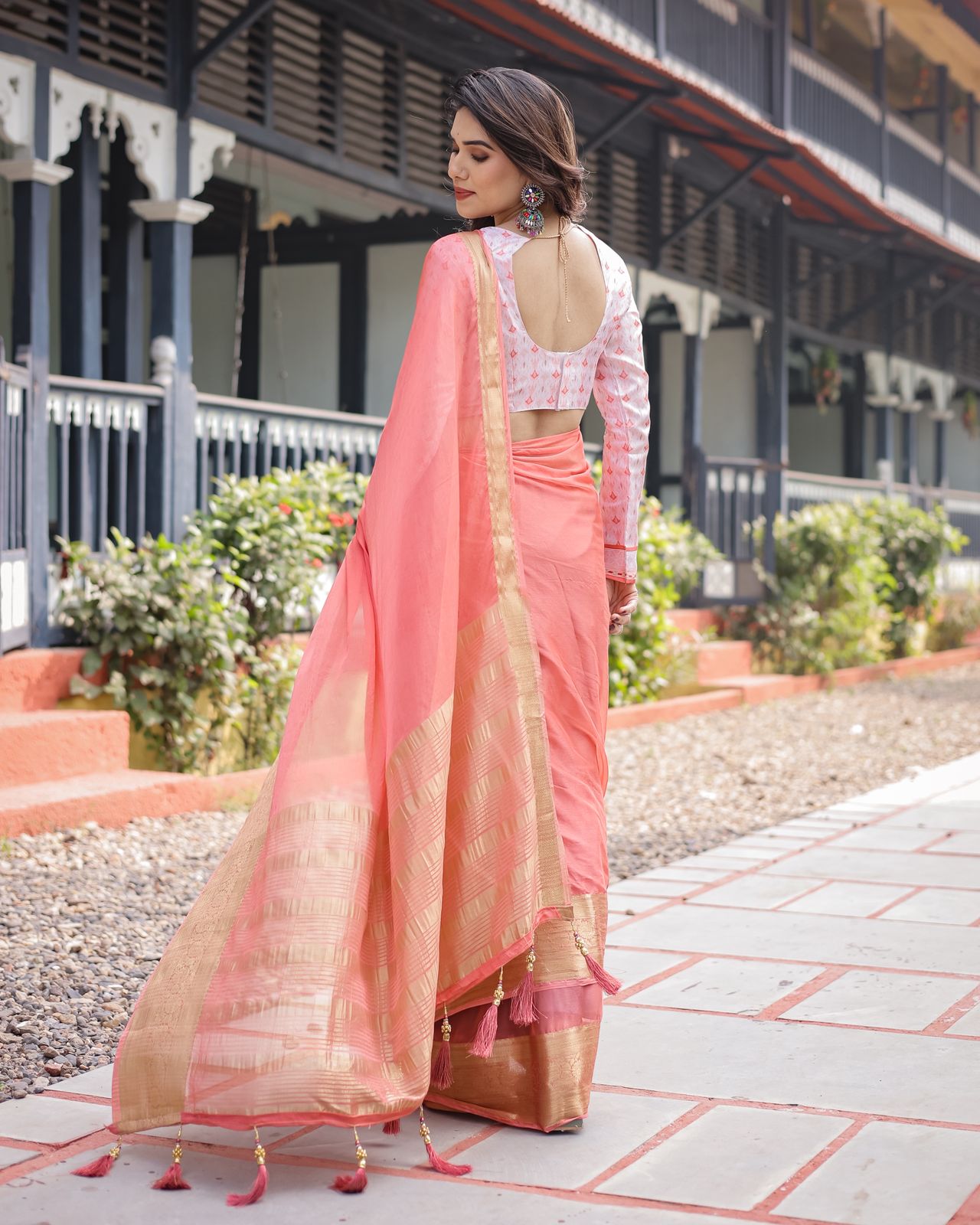 🍑 New Arrival – Peach Pink Chiffon Saree 🍑 ✨ Elegant Look | Light & Breezy |