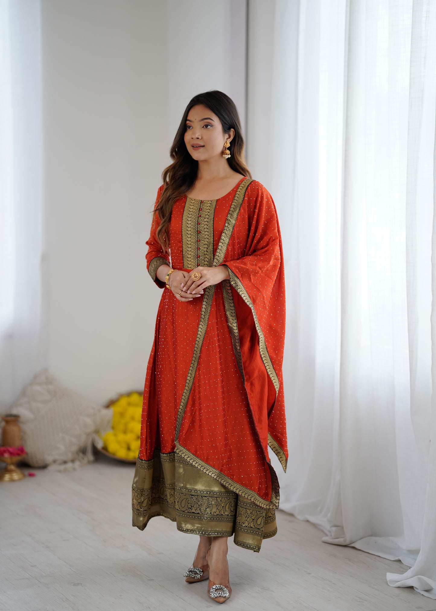 Premium Quality Orange Bluming Vichitra fabric with Jacquard Weaving Lace Border Duptta Gown