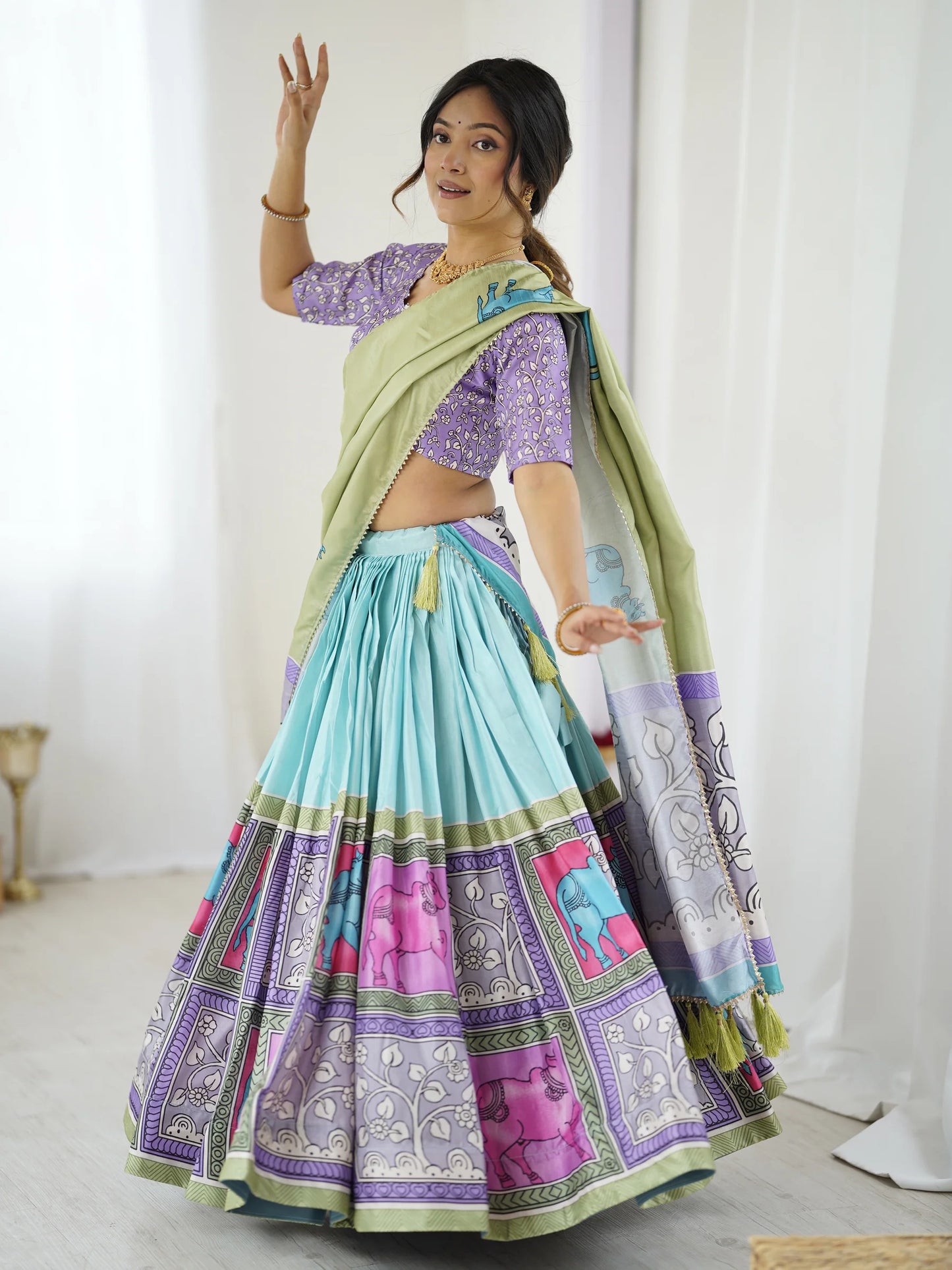 Trendy Kalamkari Lehenga with Contrast Blouse | Lightweight & Stylish