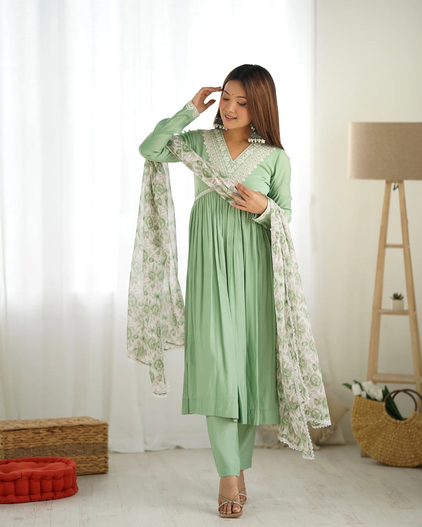 ELEGANT MINT GREEN ROMASILK CHANDERI NYRA CUT KURTA SET WITH FLORAL DUPATTA