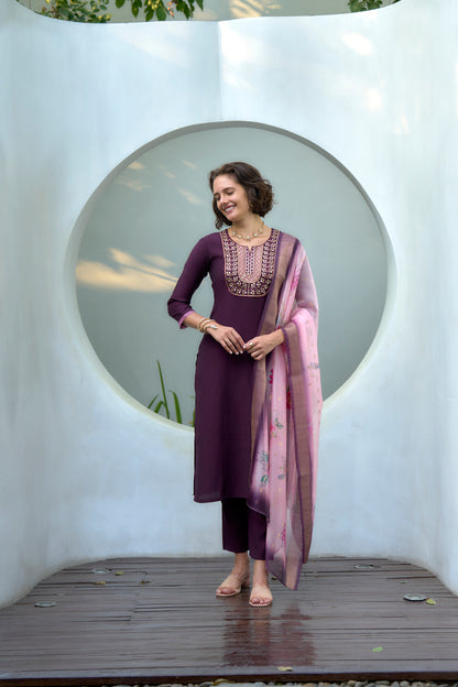 Plum Embroidered Kurta Set