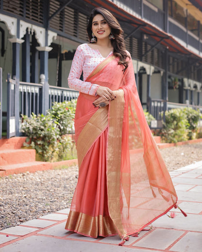 🍑 New Arrival – Peach Pink Chiffon Saree 🍑 ✨ Elegant Look | Light & Breezy |