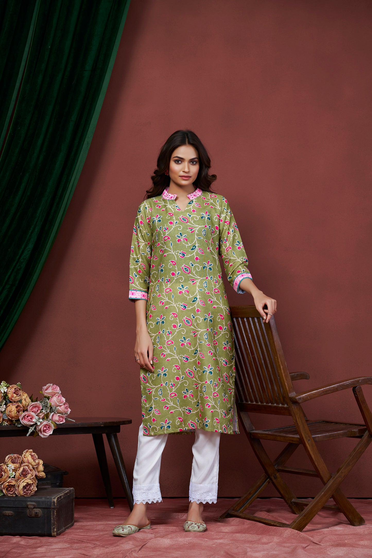 PRISCA Paisley Printed Notch Neck Panelled A-Line Kurta