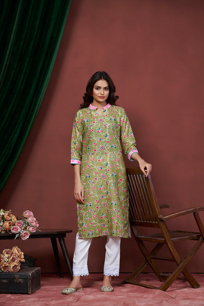 PRISCA Paisley Printed Notch Neck Panelled A-Line Kurta