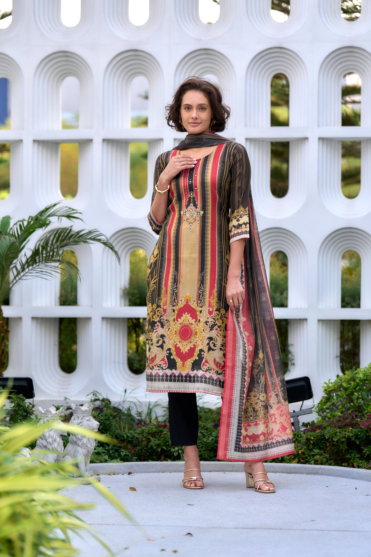 Pure Cotton Pleated A-Line Kurta with Trousers and Dupatta