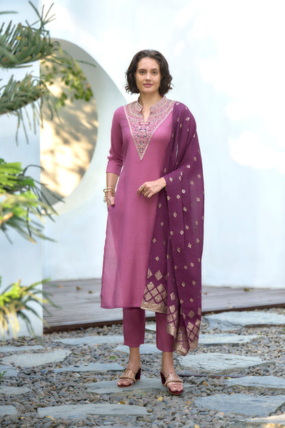 Mauve Pink Embroidered Kurta Set