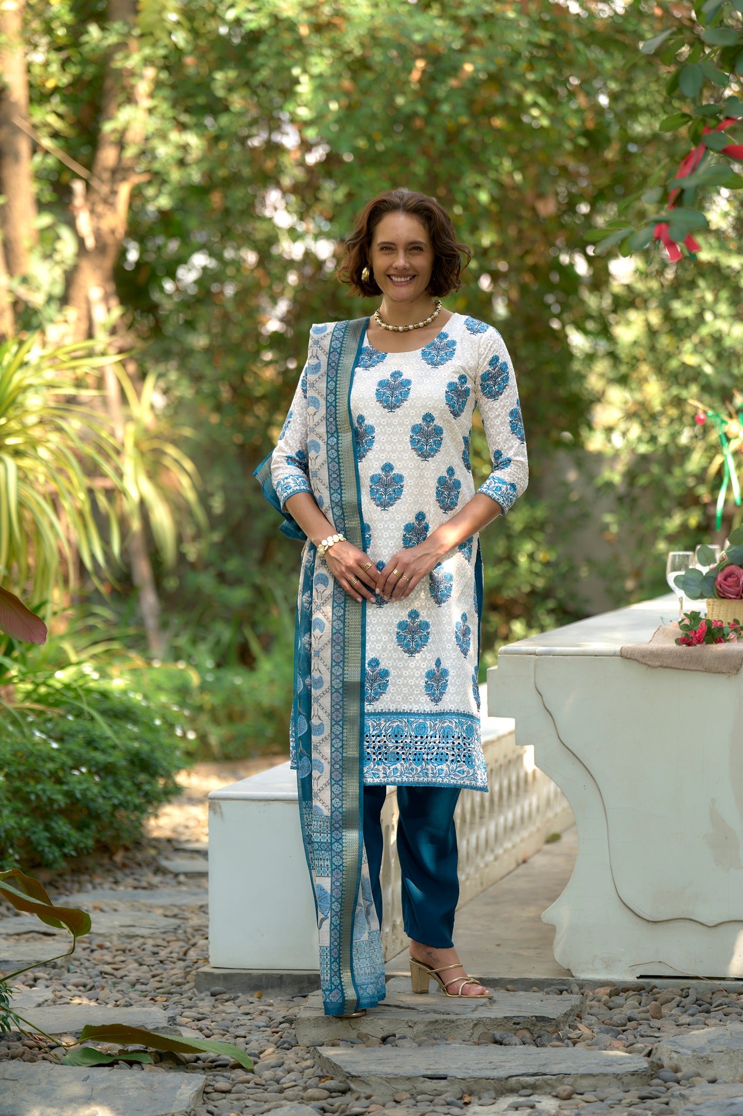 White Printed Cotton Kurta Set