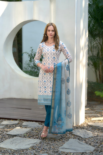 White Printed Cotton Kurta Set