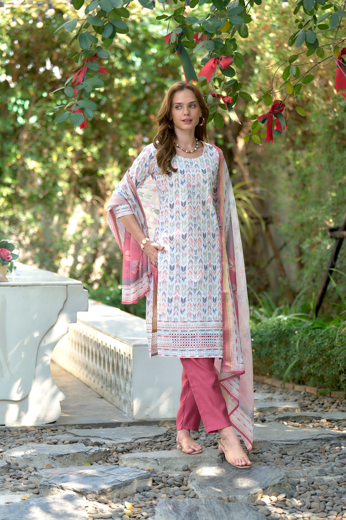 White Printed Cotton Kurta Set