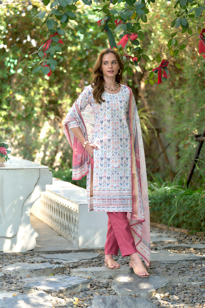 White Printed Cotton Kurta Set