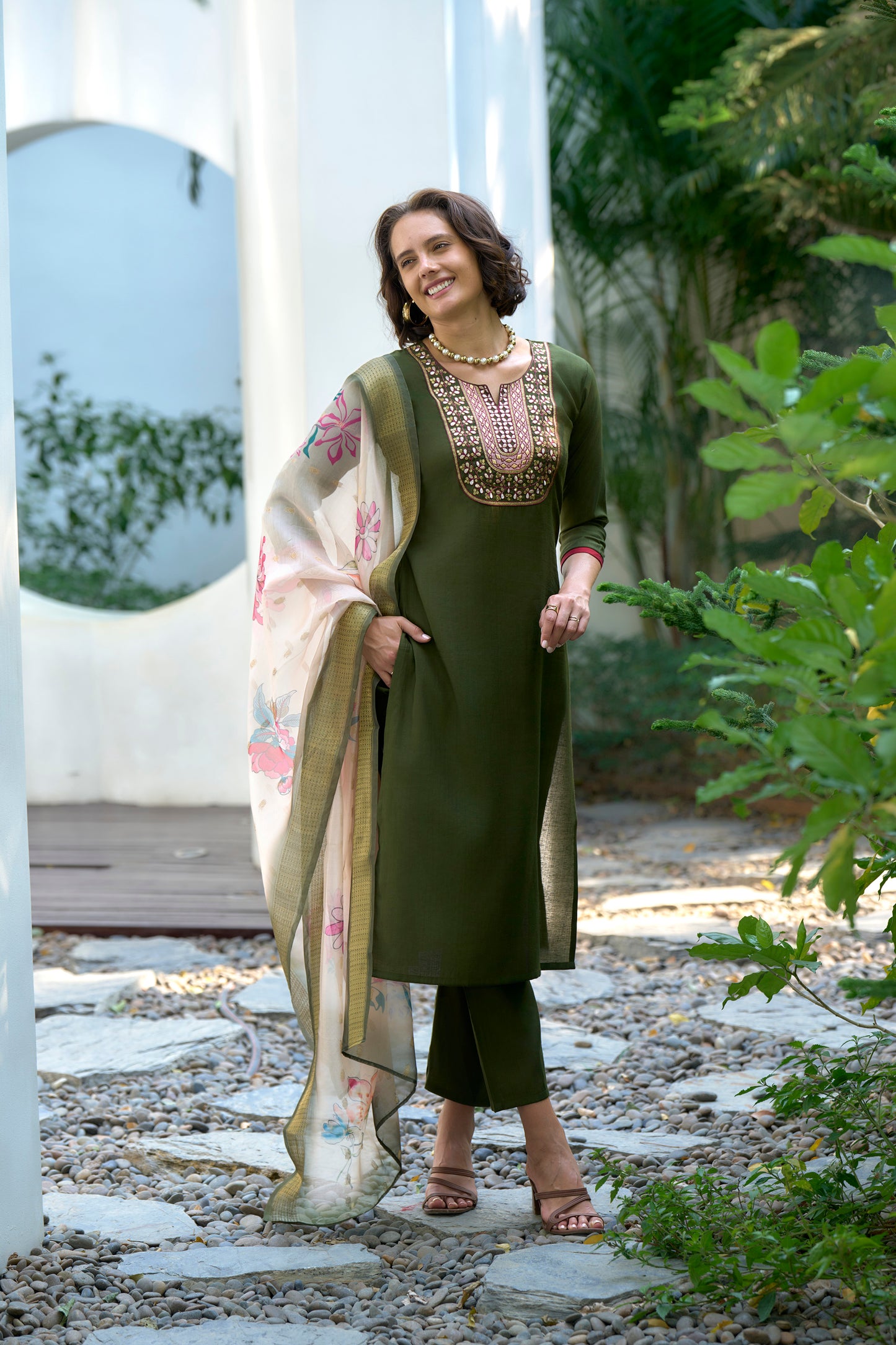 Olive Green Embroidered Kurta Set
