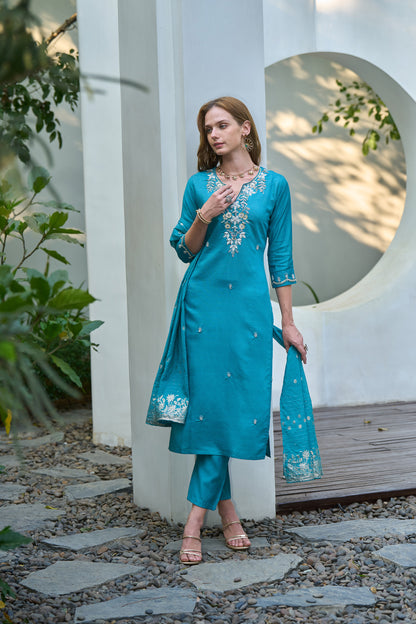 Teal Blue Embroidered Kurta Set