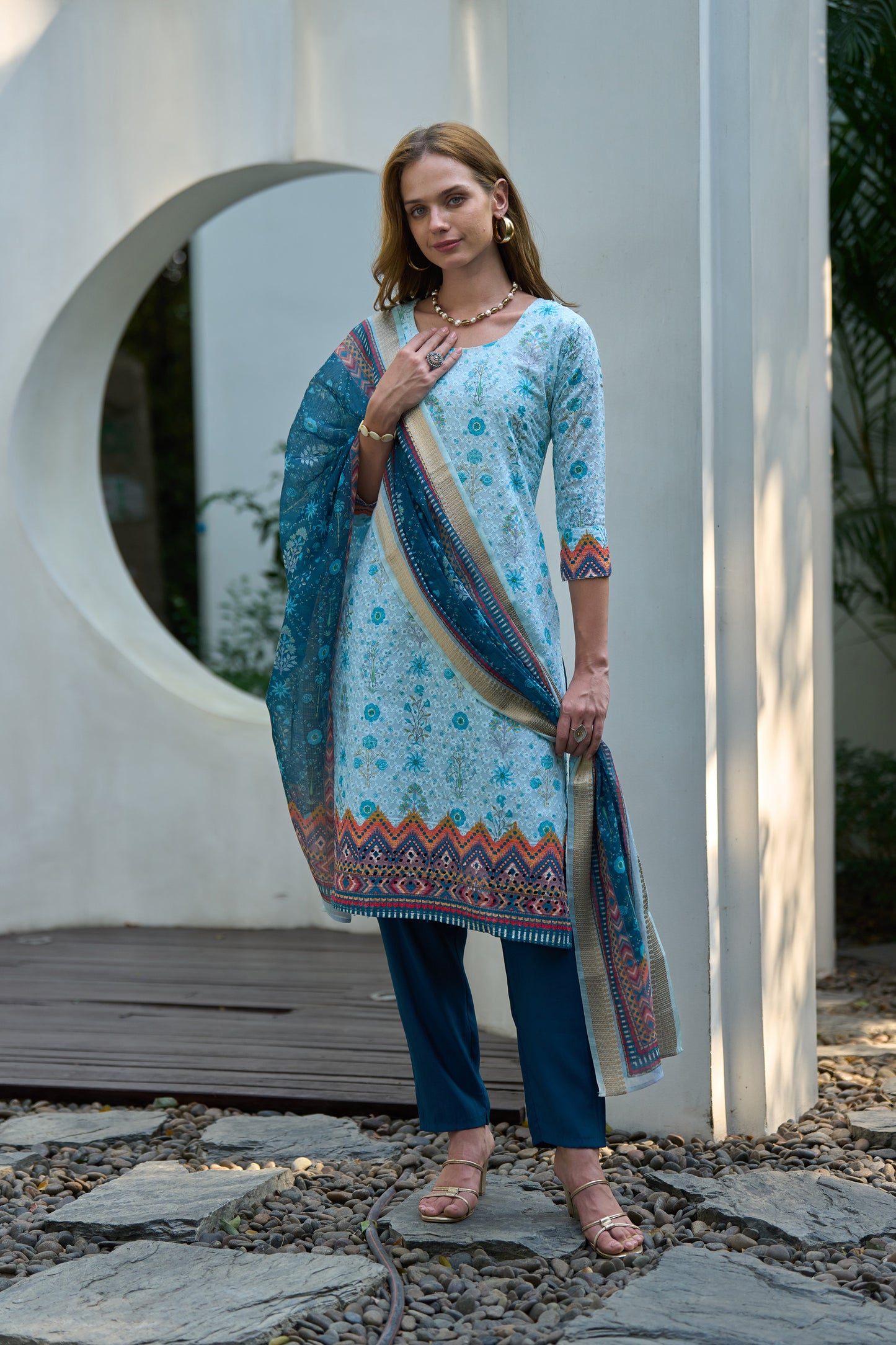 Sky Blue Cotton Printed Kurta Set