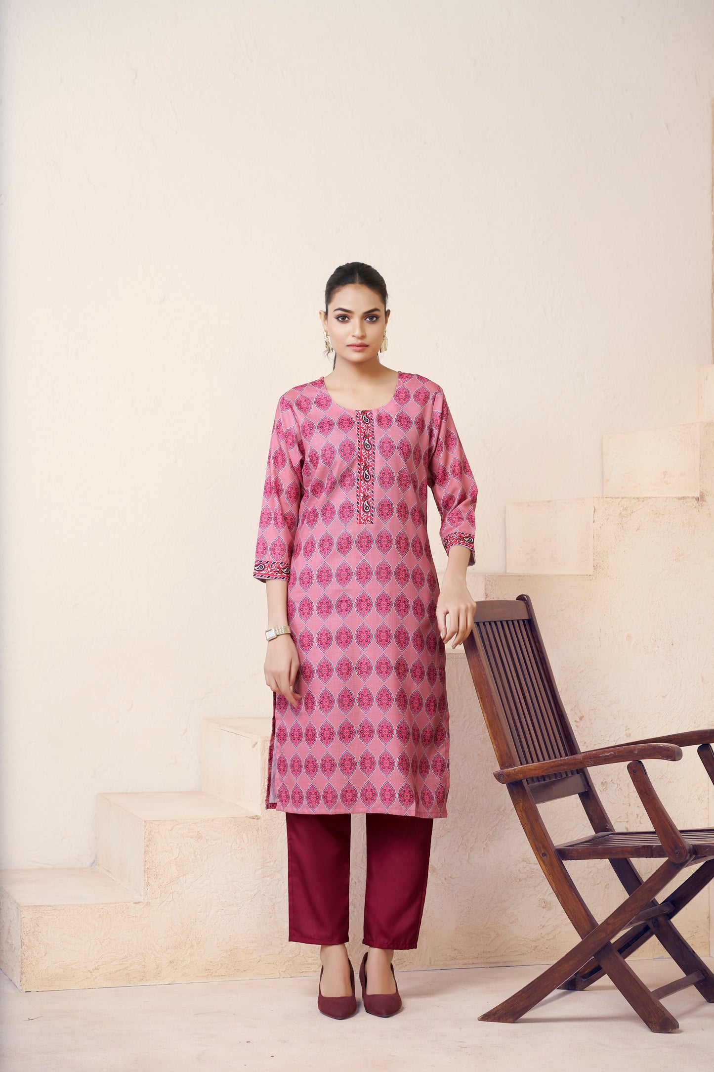 Libas Floral Printed Thread Work Band Collar Cotton Straight Kurta