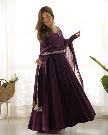 PURE ROMANSILK CHANDERI FABRIC FULLY FLARED ANARKALI, WITH DUPATTA SET AND PANTS, READY TO WEAR.
