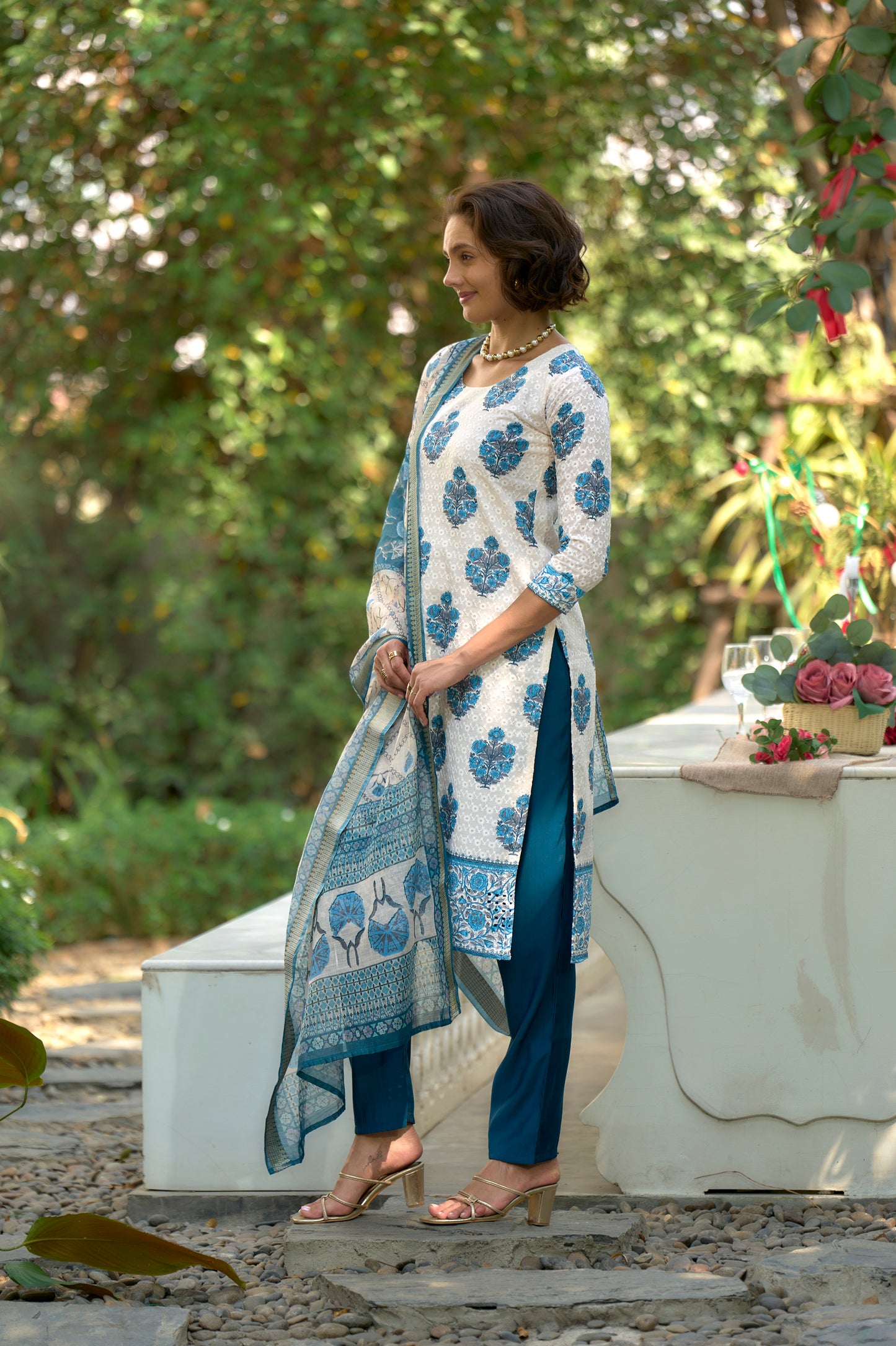 White Printed Cotton Kurta Set