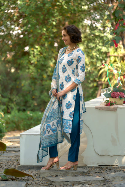 White Printed Cotton Kurta Set
