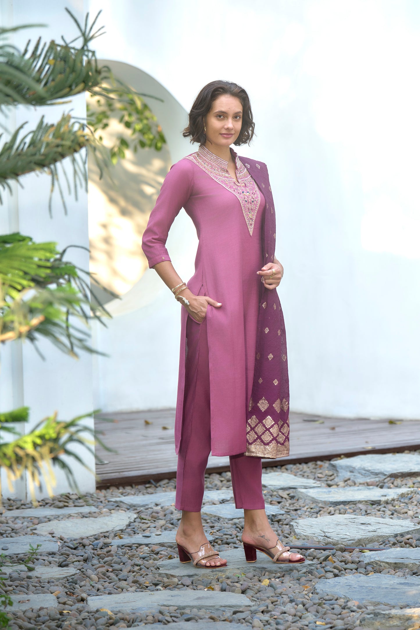 Mauve Pink Embroidered Kurta Set