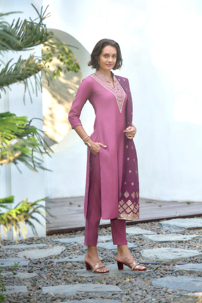 Mauve Pink Embroidered Kurta Set