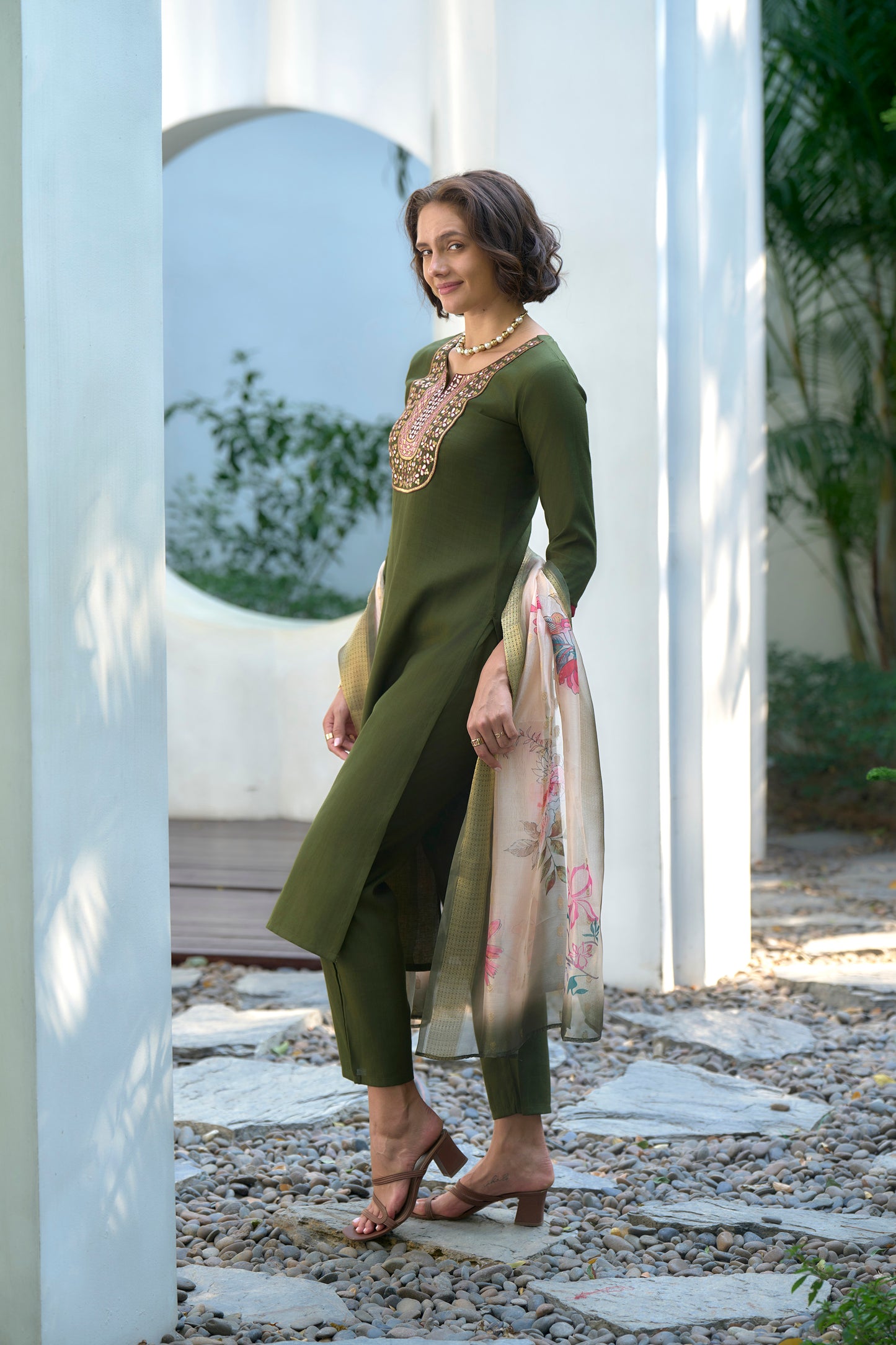 Olive Green Embroidered Kurta Set