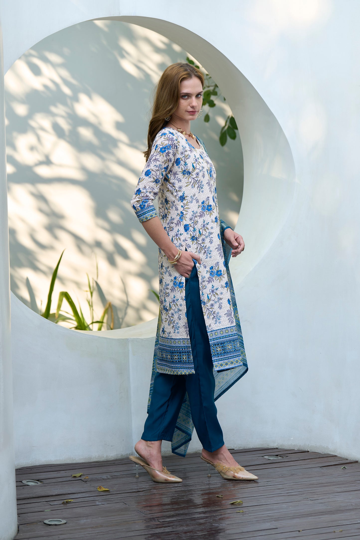 White Cotton Printed Kurta Set