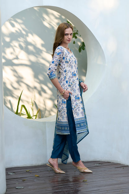 White Cotton Printed Kurta Set