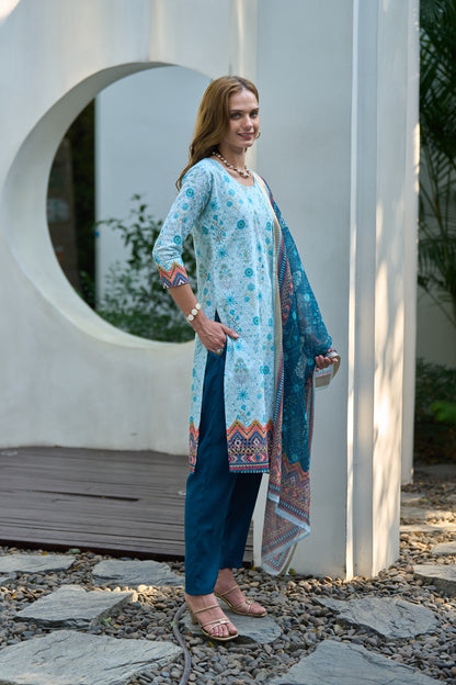 Sky Blue Cotton Printed Kurta Set