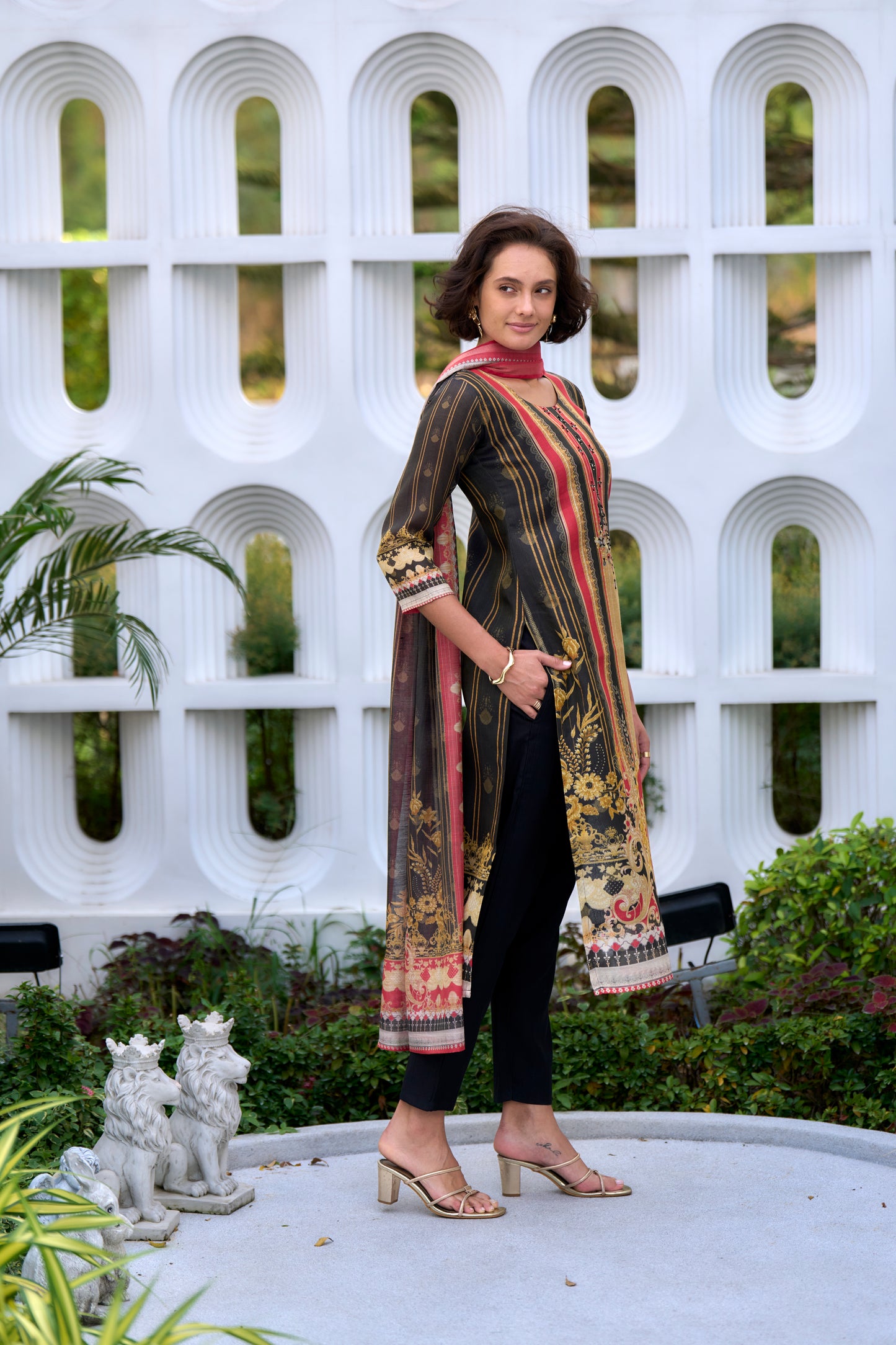 Pure Cotton Pleated A-Line Kurta with Trousers and Dupatta