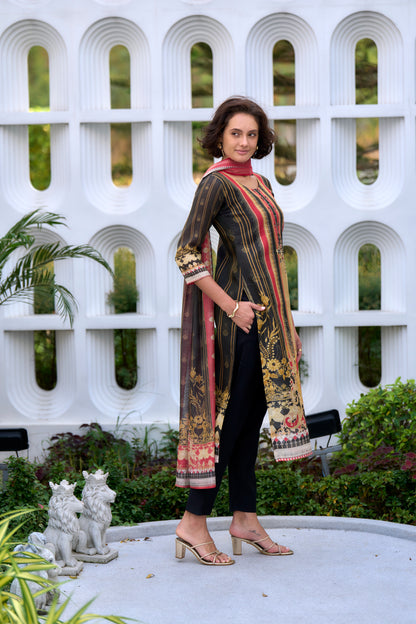 Pure Cotton Pleated A-Line Kurta with Trousers and Dupatta