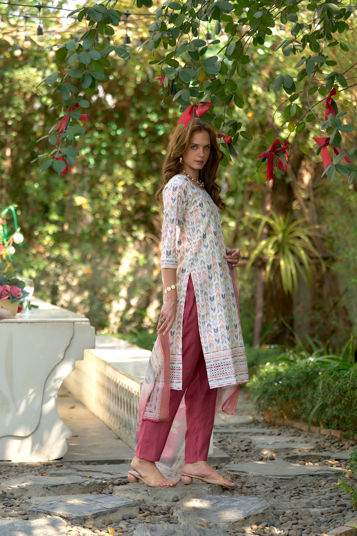 White Printed Cotton Kurta Set