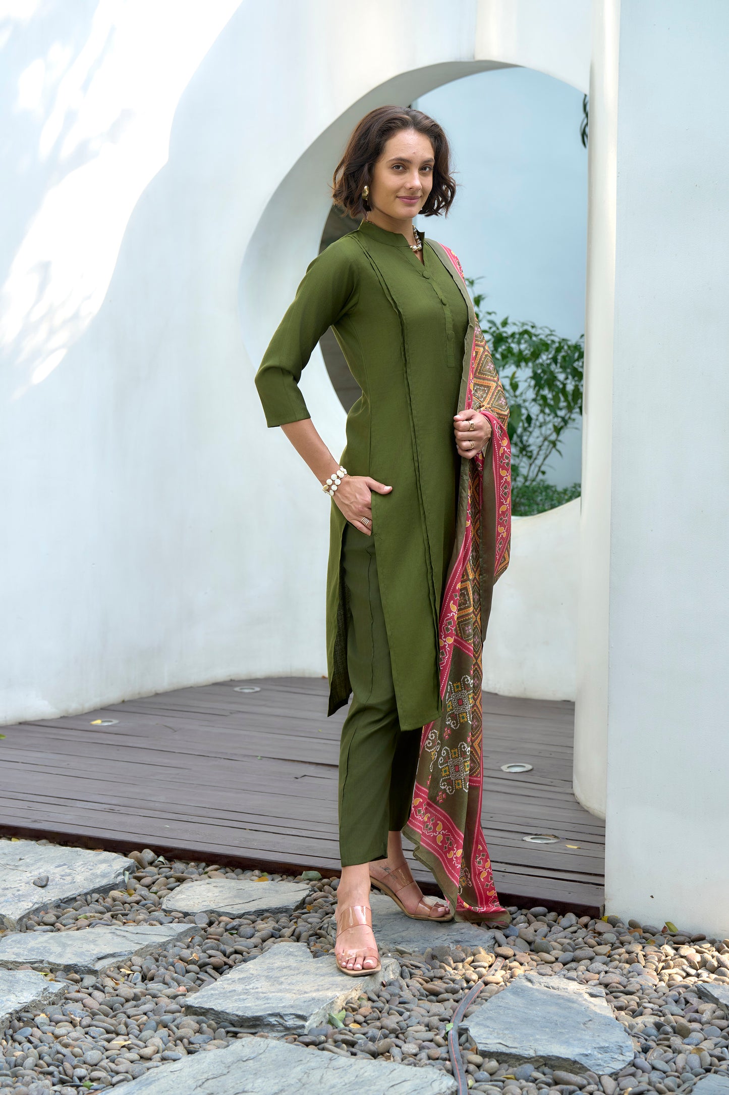 Olive Green Kurta Set with Geometric Printed Dupatta