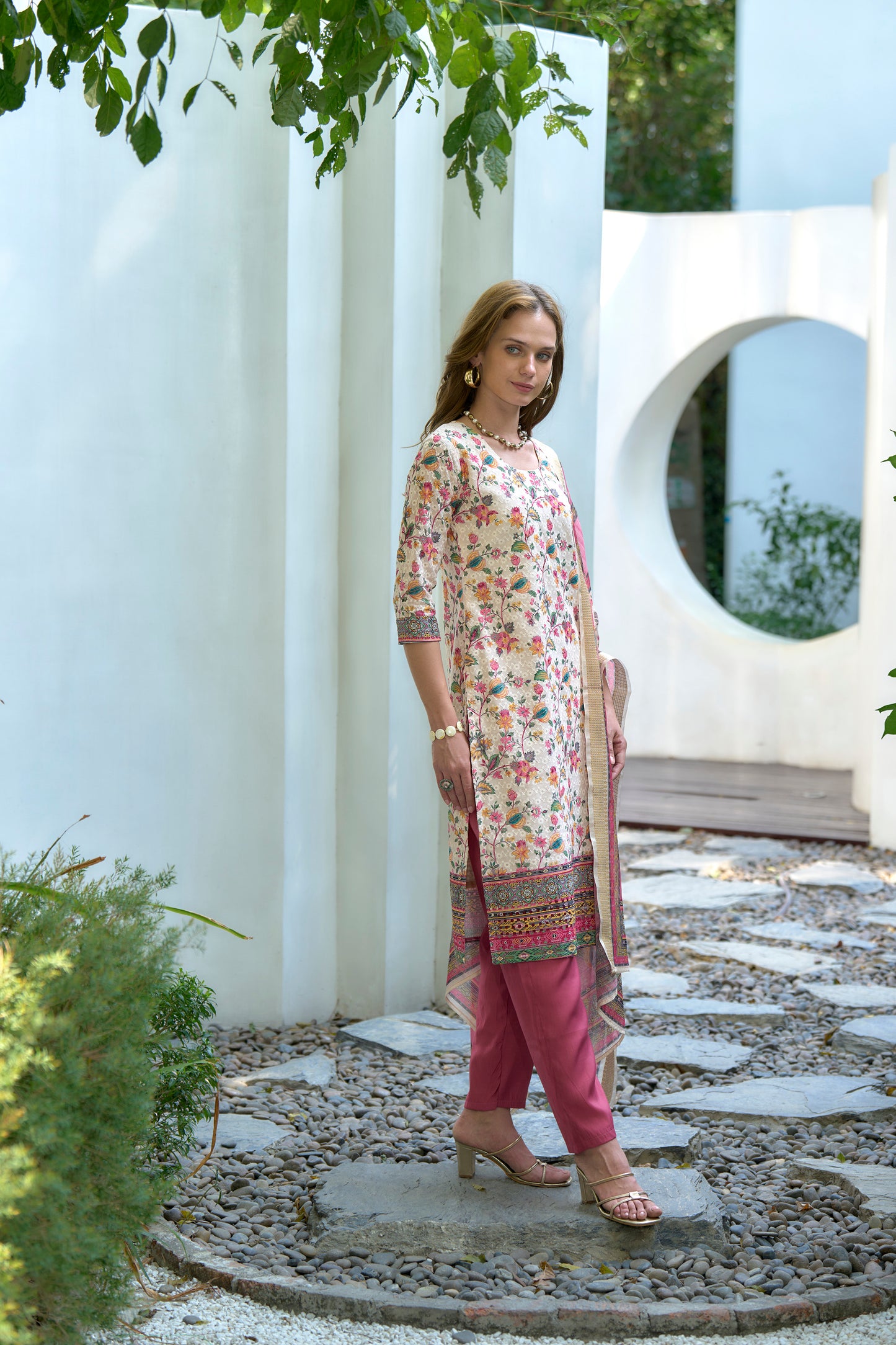 White Printed Cotton Kurta Set