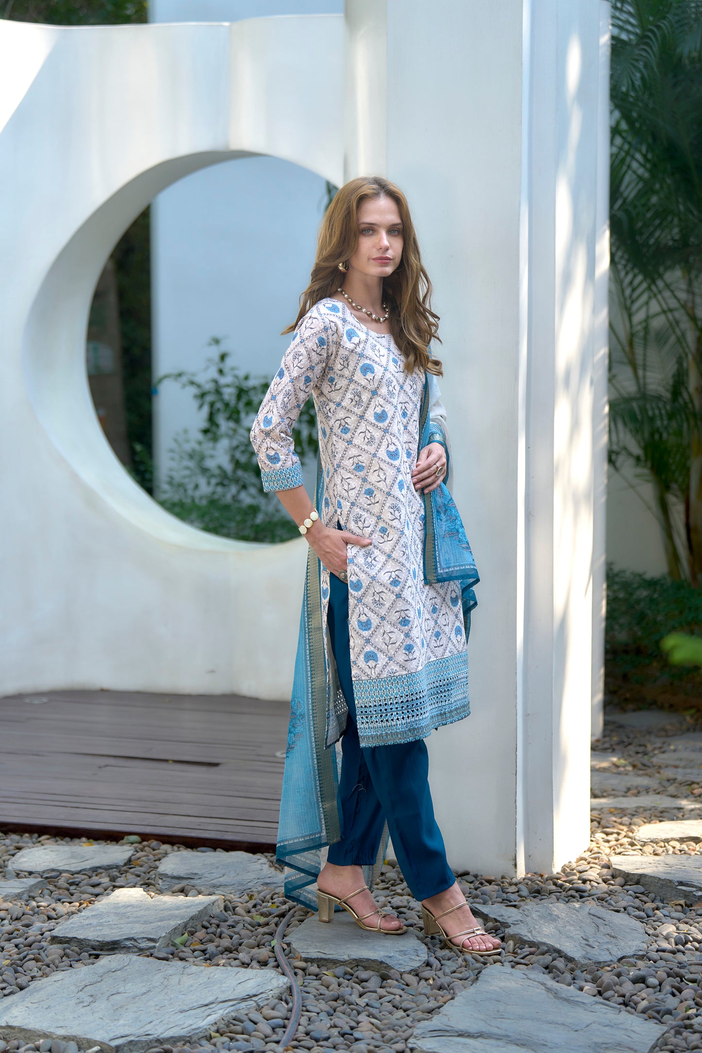 White Printed Cotton Kurta Set