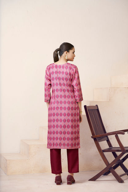 Libas Floral Printed Thread Work Band Collar Cotton Straight Kurta
