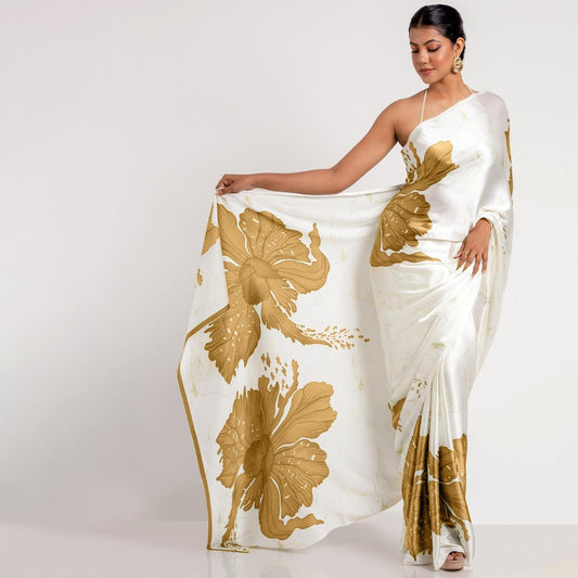 Pure Elegance in White & Green – Modern Floral Saree Look