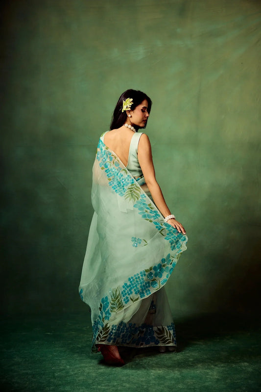 Sky Blue Pure Organza Hand-Painted Saree with White Floral Motifs & Sequins | Modal Satin Blouse